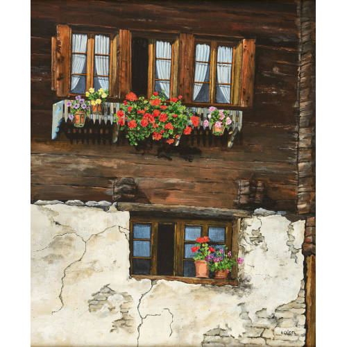 HELEN G�DEL : Walliser Hausfassade mit Geranien (DOBIASCHOFSKY AUKTIONEN AG)