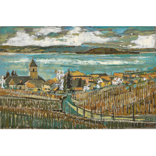FRED BAUMANN : Blick auf Twann am Bielersee und die St. Petersinsel (DOBIASCHOFSKY AUKTIONEN AG)