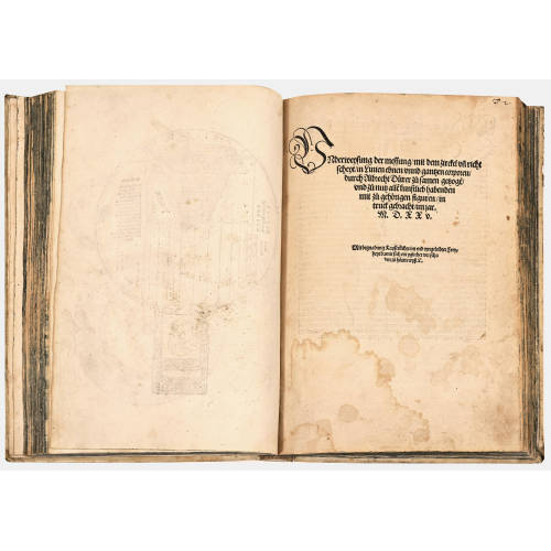 ALBRECHT DRER : 'Underweysung der Messung, mit dem zirckel und richtscheyt, in Linien ebnen unnd gantzen corporen, durch Albrecht Duerer zu samen getzogen, und zu nutz allen kunstlieb habenden mit zu gehrigen figuren, in truck gebracht, im jar M.D.XXv.' (DOBIASCHOFSKY AUKTIONEN AG)