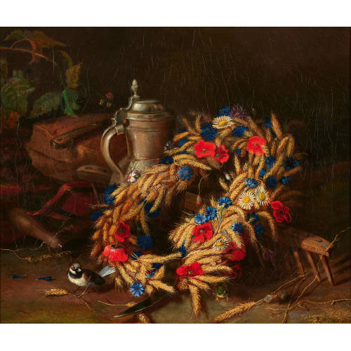 JOSEPH K�LLER : Stillleben mit �hrenkranz, Sperling und Bierkrug (DOBIASCHOFSKY AUKTIONEN AG)