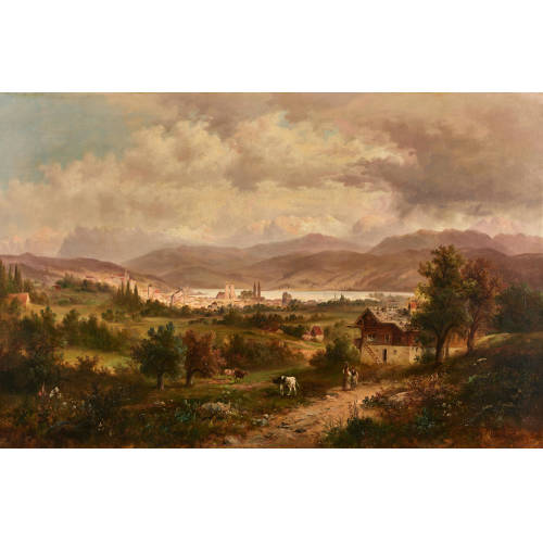EMIL BARBARINI : Blick auf eine Stadt am Bergsee (DOBIASCHOFSKY AUKTIONEN AG)