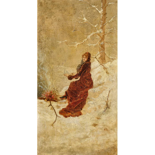 MAURICE DELCOURT : Winterlandschaft mit eleganter Dame am Feuer (DOBIASCHOFSKY AUKTIONEN AG)