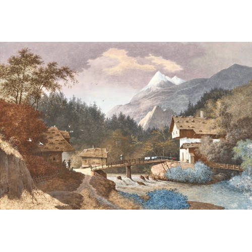 19. JH. ALPENL�NDISCH : Bergfluss mit Br�cke, Bauernh�usern und Staffage (DOBIASCHOFSKY AUKTIONEN AG)