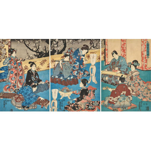 KUNISADA (TOYOKUNI III) UTAGAWA : Triptychon 'Haru no yoru no on-asobi' (DOBIASCHOFSKY AUKTIONEN AG)