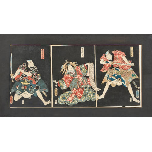 KUNISADA (TOYOKUNI III) UTAGAWA : Triptychon mit Kabuki-Schauspielern (DOBIASCHOFSKY AUKTIONEN AG)