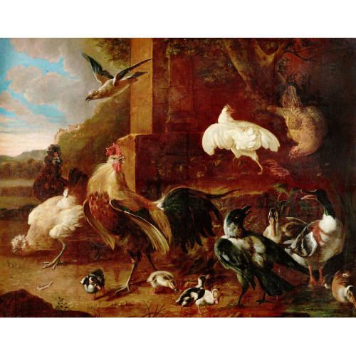 MELCHIOR DE HONDECOETER : Hahn, H�hner und Enten in s�dlicher Landschaft (DOBIASCHOFSKY AUKTIONEN AG)