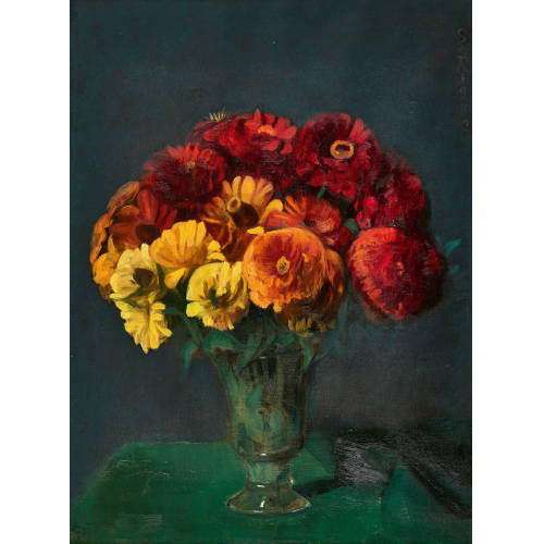 OTTILIE WILHELMINE ROEDERSTEIN : Zinnienstrauss in Glasvase (DOBIASCHOFSKY AUKTIONEN AG)