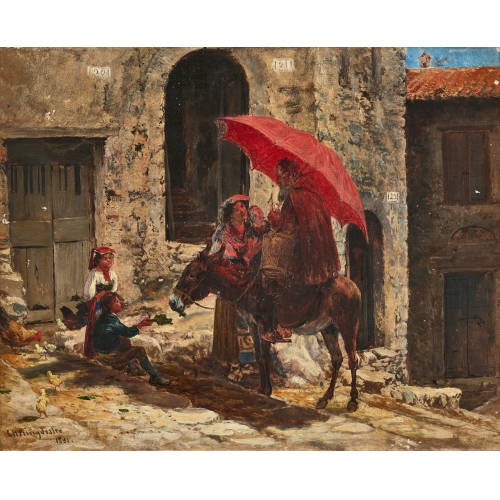 CHARLES HENRY POINGDESTRE : Der Besuch des Paters mit Esel und rotem Sonnenschirm (DOBIASCHOFSKY AUKTIONEN AG)