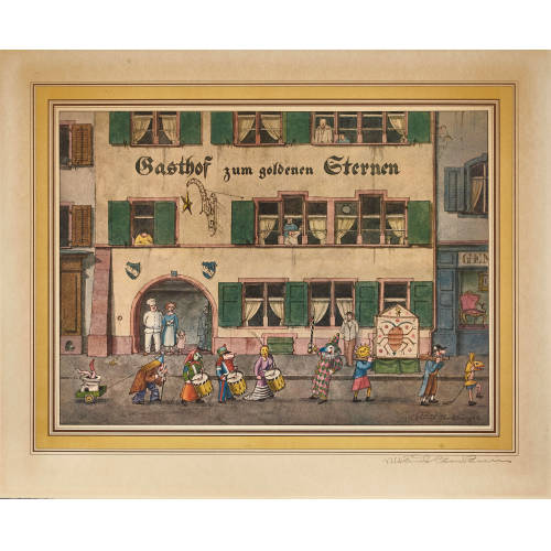 NIKLAUS STOECKLIN : Fasnachtsclique vor dem Gasthof zum Goldenen Sternen in Basel (DOBIASCHOFSKY AUKTIONEN AG)