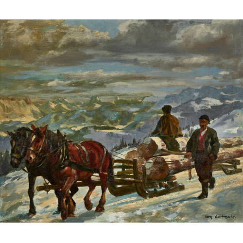 HANS GARTMEIER : 'Holzfuhre im Emmental mit Schrattenfluh und Alpen' (DOBIASCHOFSKY AUKTIONEN AG)