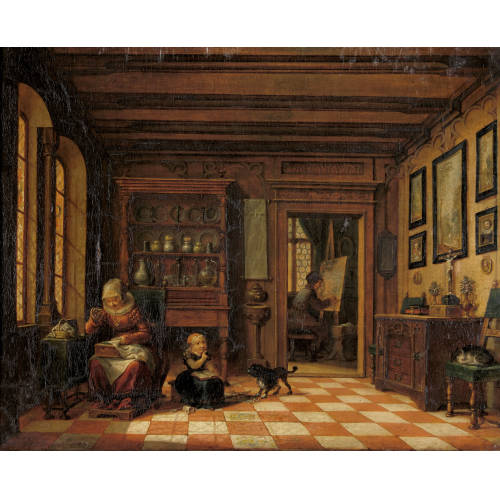 MAXIMILIAN NEUST�CK : Interieur mit stickender Frau, Kind und Maler an der Staffelei (DOBIASCHOFSKY AUKTIONEN AG)