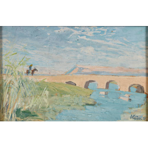 ERNESTO TRAUGOTT SCHIESS : Mediterrane Landschaft mit Eselreiterin auf Bogenbr�cke (DOBIASCHOFSKY AUKTIONEN AG)