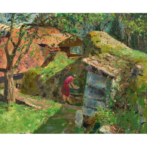 MARGUERITE FREY-SURBEK : Frau am Brunnen bei Iseltwald (DOBIASCHOFSKY AUKTIONEN AG)