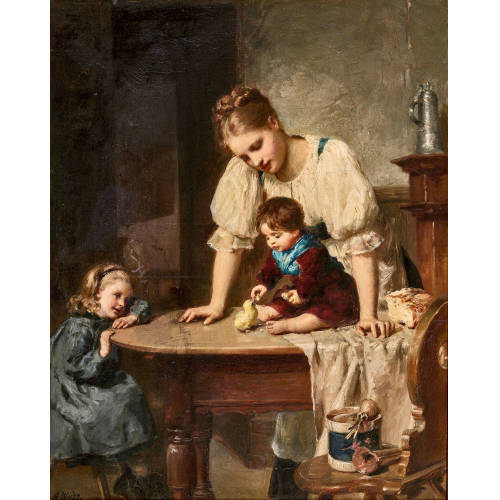 ADOLPHE WEISZ : Kinder und Magd beim F�ttern eines K�ken auf dem Tisch (DOBIASCHOFSKY AUKTIONEN AG)