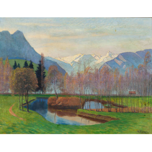 ROBERT KIENER : Berner Auenlandschaft mit Alpenblick (DOBIASCHOFSKY AUKTIONEN AG)