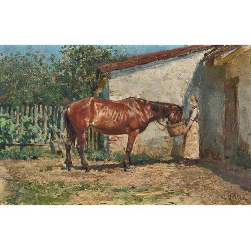 WILHELM VELTEN : Bauernmagd beim F�ttern des Pferdes (DOBIASCHOFSKY AUKTIONEN AG)