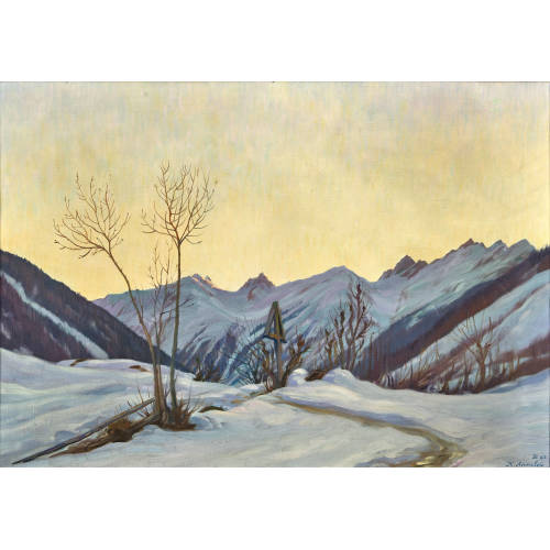 KARL ANNELER : Verschneite Gebirgslandschaft mit Wegkreuz (DOBIASCHOFSKY AUKTIONEN AG)