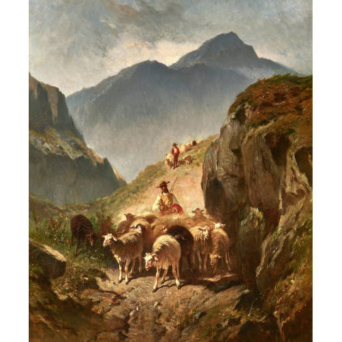 F�LIX-SATURNIN BRISSOT DE WARVILLE : Troupeau de moutons sur un sentier de montagne (DOBIASCHOFSKY AUKTIONEN AG)