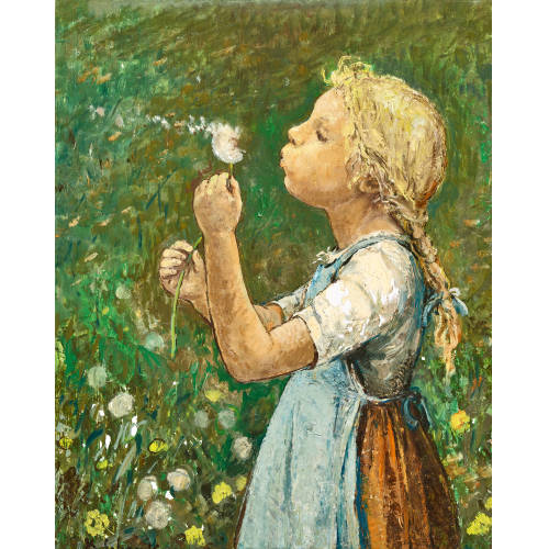 KARL SCHENK : M�dchen mit Pusteblume auf einer Wiese (DOBIASCHOFSKY AUKTIONEN AG)