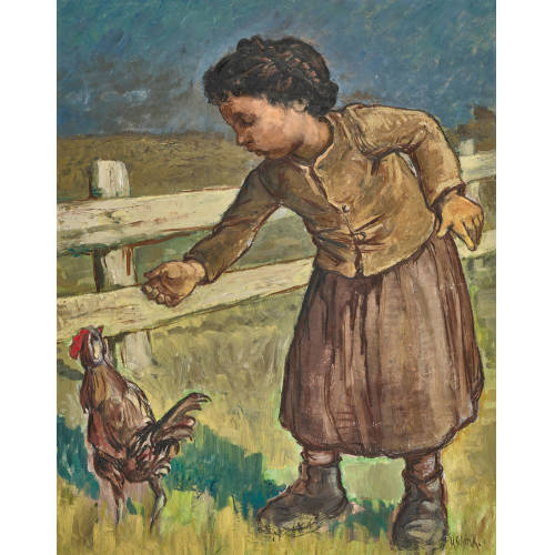 KARL SCHENK : M�dchen mit Huhn im Gehege (DOBIASCHOFSKY AUKTIONEN AG)