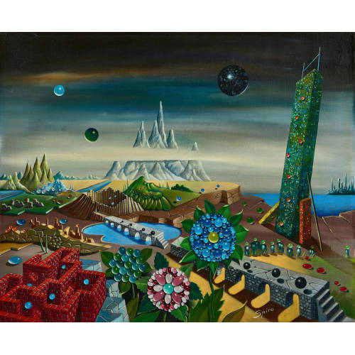 GEORGES SPIRO : Fantastische Landschaft mit Bergen und Turm (DOBIASCHOFSKY AUKTIONEN AG)