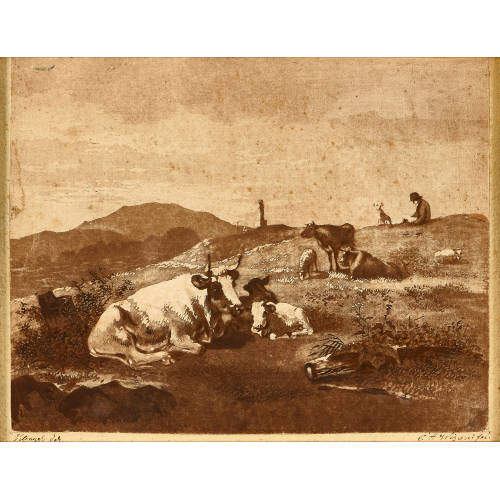 CARL AUGUST WIZANI : Landschaft mit K�hen, Schafen, Hirt und Hund (DOBIASCHOFSKY AUKTIONEN AG)