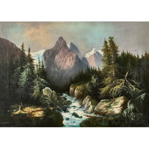 OTTO FAHRNI : Bergbach mit Blick auf Rosenlaui mit Well- und Wetterhorn (DOBIASCHOFSKY AUKTIONEN AG)