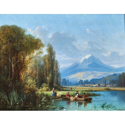 CHARLES EUPHRASIE KUWASSEG : Sommerliche Uferlandschaft mit Bootsfahrer und Bergsicht (DOBIASCHOFSKY AUKTIONEN AG)