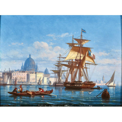 CHARLES EUPHRASIE KUWASSEG : Stadtpartie von Venedig mit Schiffen (DOBIASCHOFSKY AUKTIONEN AG)