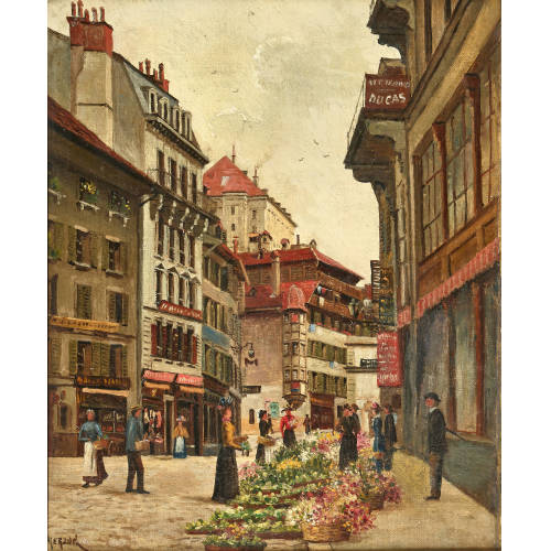 ARTHUR CHARLES HENRI HERZOG : Der Blumenmarkt am Place du Petit-Pont in Lausanne (DOBIASCHOFSKY AUKTIONEN AG)