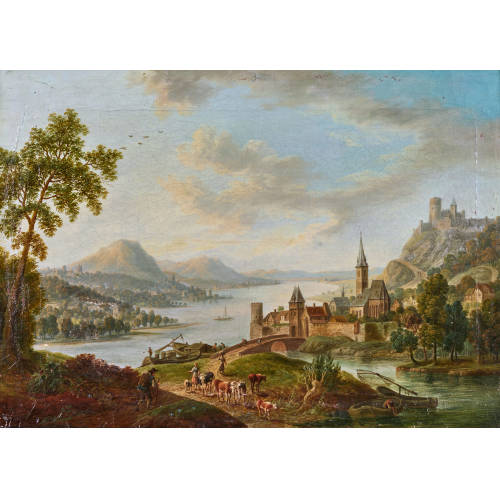 LOUIS CHALON : Idealisierende Rheinlandschaft mit Stadt, Burg und Bauern (DOBIASCHOFSKY AUKTIONEN AG)