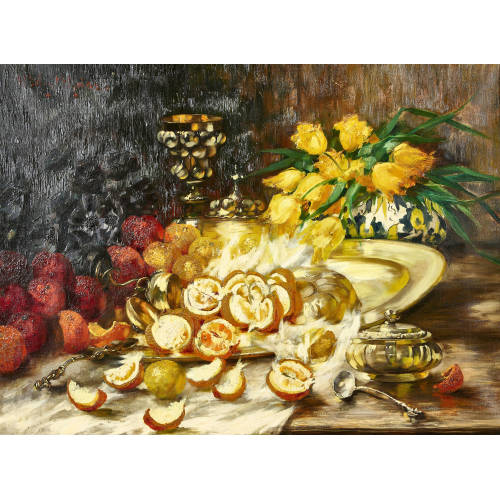 NATALIE SCHULTHEISS : Stillleben mit Orangen, gelben Tulpen und Buckelpokal (DOBIASCHOFSKY AUKTIONEN AG)