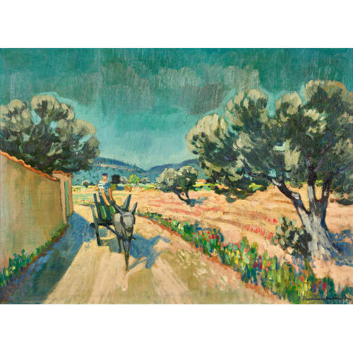 ALBERT NEUENSCHWANDER : Bauer mit Eselwagen in mediterraner Landschaft (DOBIASCHOFSKY AUKTIONEN AG)