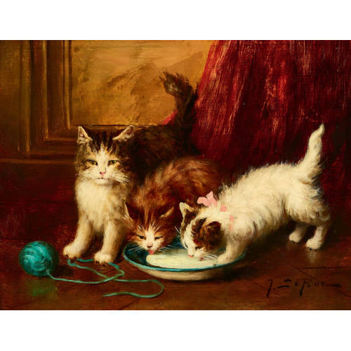 JULES LEROY : Trois chatons buvant du lait (DOBIASCHOFSKY AUKTIONEN AG)