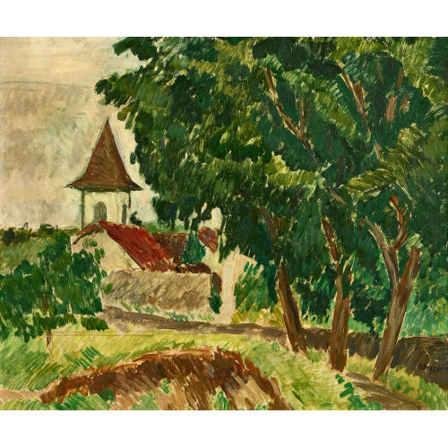HANS BERGER : Kirchturm in sommerlicher Landschaft (DOBIASCHOFSKY AUKTIONEN AG)