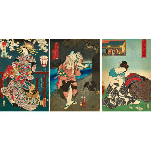 KUNISADA (TOYOKUNI III) UTAGAWA : 3 Bl�tter mit Kabuki-Schauspielern (DOBIASCHOFSKY AUKTIONEN AG)