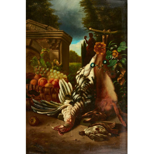 JEAN JACQUES ARTHUR BERGERET : Nature morte aux fruits et gibiers chass�s (DOBIASCHOFSKY AUKTIONEN AG)