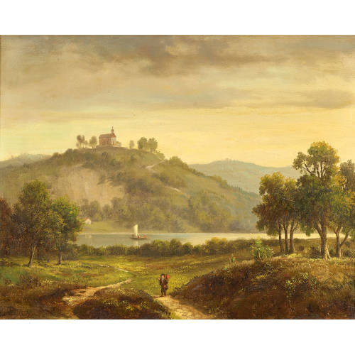 LEONHARD RAUSCH : Berglandschaft mit Segelboot und Kapelle (DOBIASCHOFSKY AUKTIONEN AG)