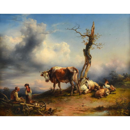 FRIEDRICH GAUERMANN : Landschaft mit rastendem Bauernpaar und Vieh (Dobiaschofsky Auktionen AG)