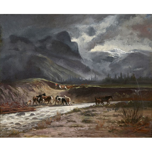 CHARLES JEAN FERDINAND HUMBERT : Berglandschaft mit Khen und Pferden bei aufziehendem Gewitter (Dobiaschofsky Auktionen AG)