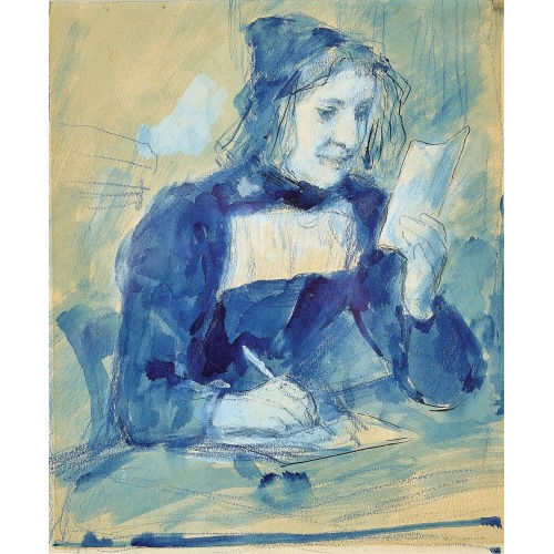 ALBERT ANKER : Frau in der Tracht beim Abschreiben eines Textes (Dobiaschofsky Auktionen AG)