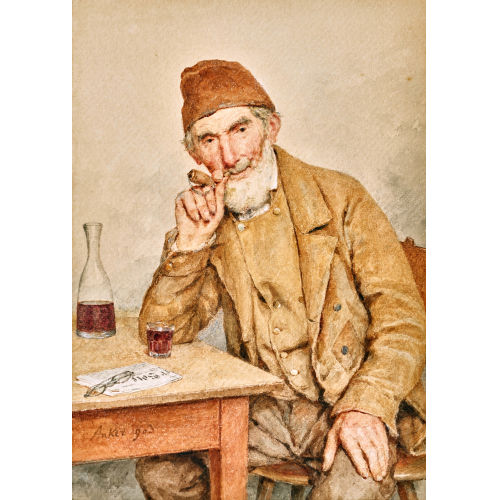 ALBERT ANKER : Sitzender Mann mit Pfeife und Glas am Tisch (Dobiaschofsky Auktionen AG)